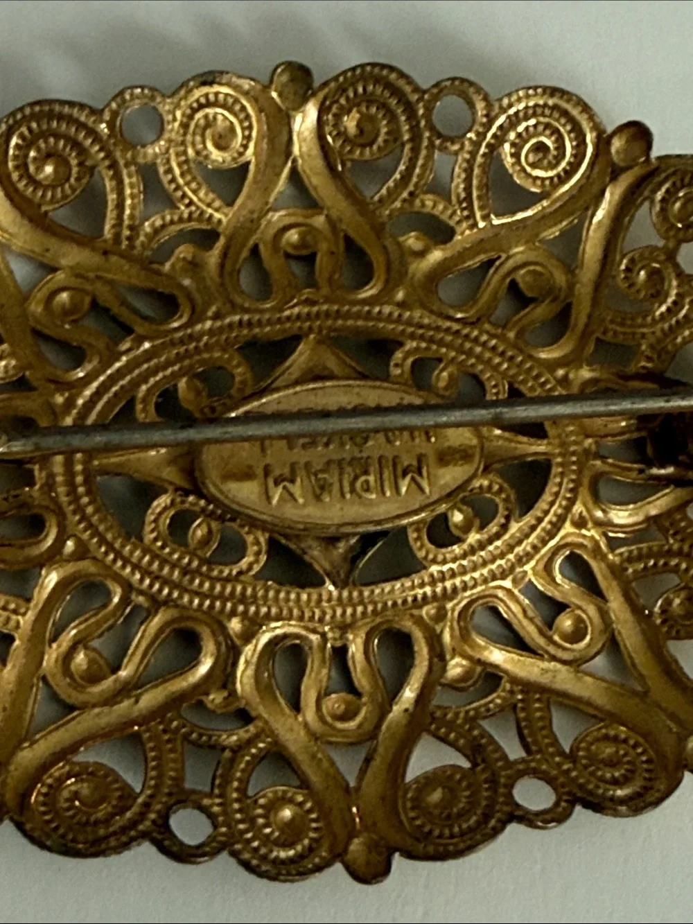 Vintage Miriam Haskell antique revival gold tone Filigree Oval Brooch pin